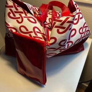 Red & White Patterned Tote Bag with Glossy Red Trim